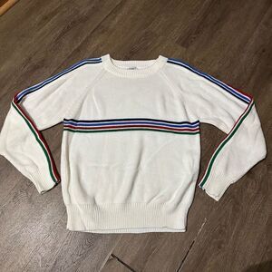 Vintage Pyramid Mens White Multi Color Stripes Knit Crewneck Soft Sweater Sz M